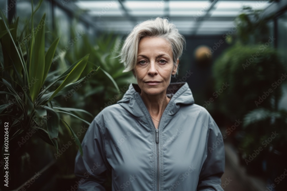 Portrait of mature woman looking at camera while standing among plants in greenhouse Portrait of mature woman looking at camera while standing among plants in greenhouse