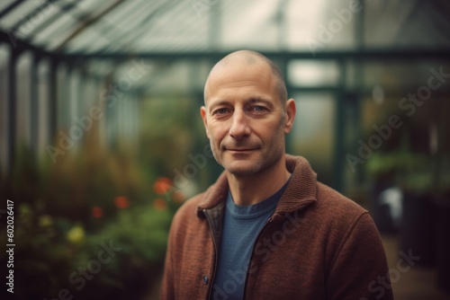 Portrait of a handsome bald man in a coat in a greenhouse