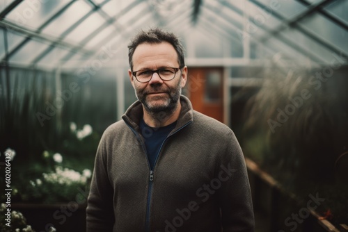 Portrait of handsome bearded man wearing eyeglasses in a greenhouse