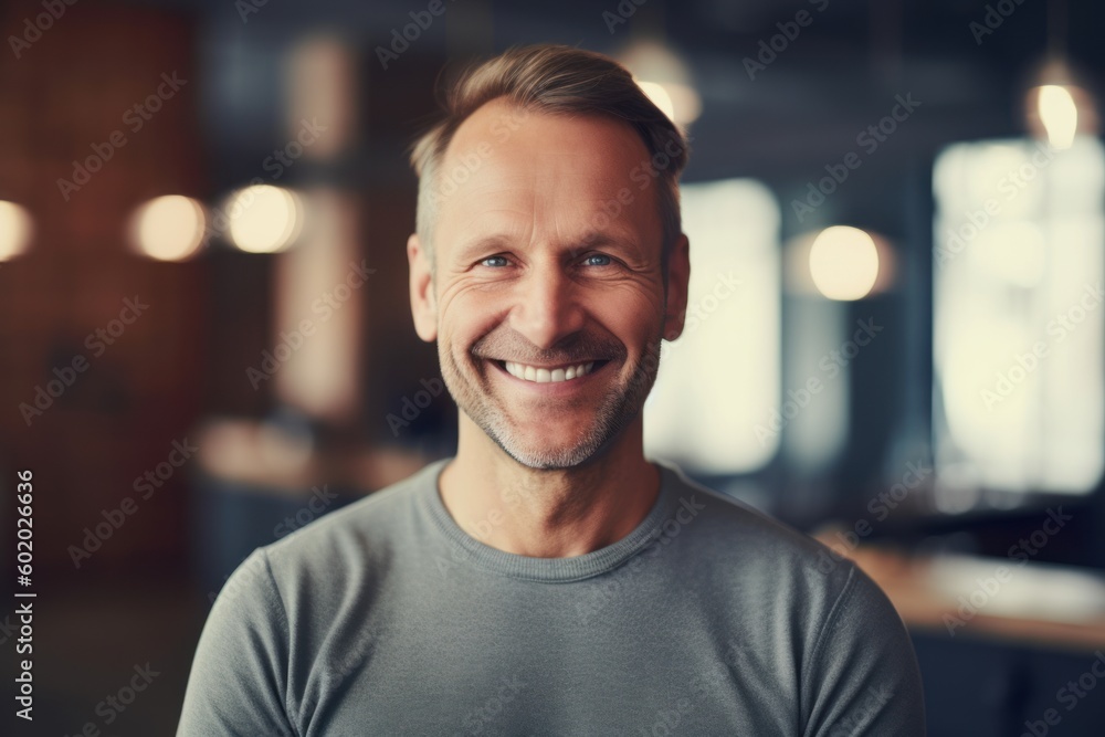 Medium shot portrait photography of a grinning man in his 40s wearing a cozy sweater against a yoga studio or wellness background. Generative AI Medium shot portrait photography of a grinning man in his 40s wearing a cozy sweater against a yoga studio or wellness background. Generative AI