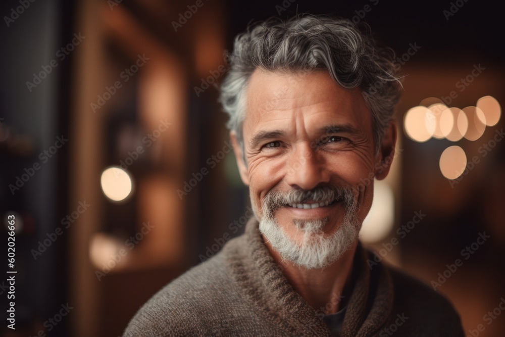 Lifestyle portrait photography of a grinning man in his 50s wearing a cozy sweater against a yoga studio or wellness background. Generative AI