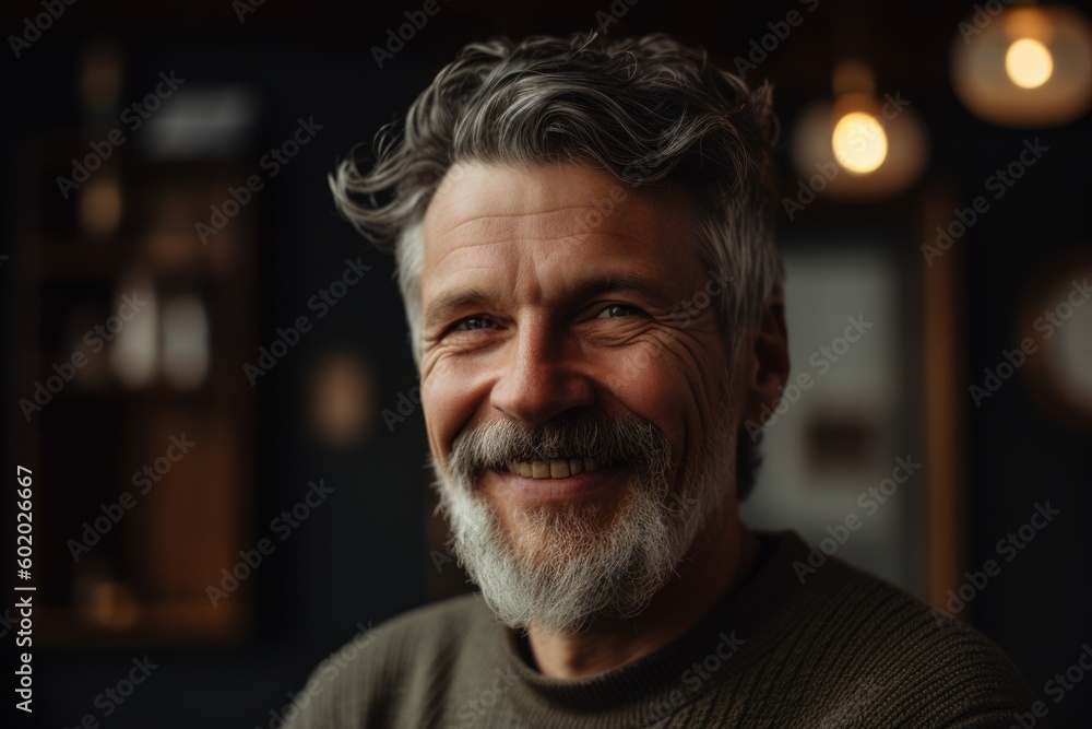Portrait of a smiling senior man with grey hair and beard.