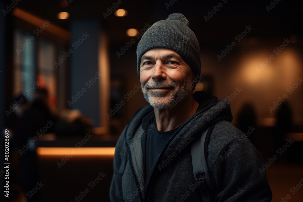 Portrait of a senior man with a backpack in a cafe. Portrait of a senior man with a backpack in a cafe.