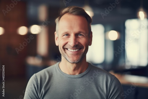 Medium shot portrait photography of a grinning man in his 40s wearing a cozy sweater against a yoga studio or wellness background. Generative AI