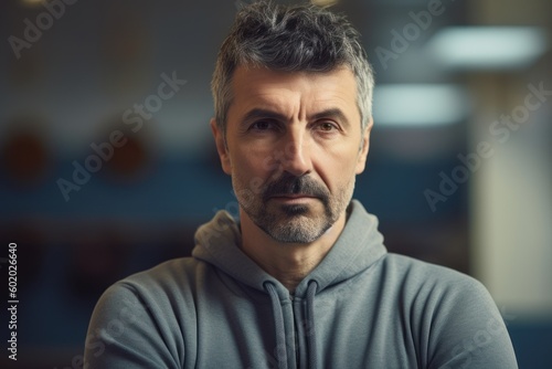 Portrait of mature man with grey hair looking at camera in cafe
