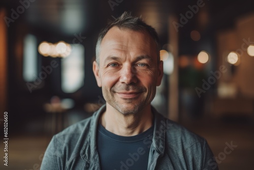 Portrait of mature man smiling at camera while standing in coffee shop