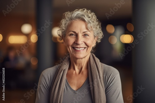 Portrait of happy senior woman with grey hair looking at camera and smiling