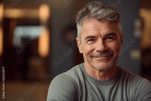 Portrait of a handsome mature man with grey hair smiling at the camera