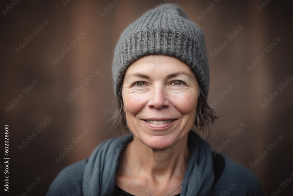 Portrait of smiling senior woman wearing knit hat against wooden wall at home Portrait of smiling senior woman wearing knit hat against wooden wall at home