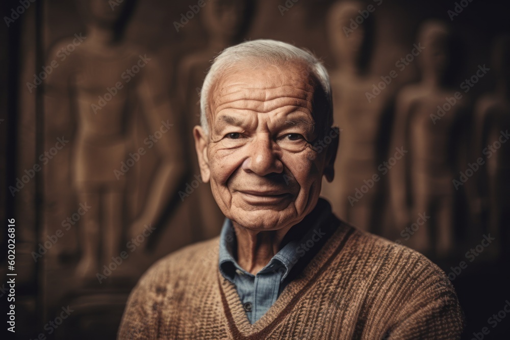 Elderly man with statues in the background at the ancient temple Elderly man with statues in the background at the ancient temple