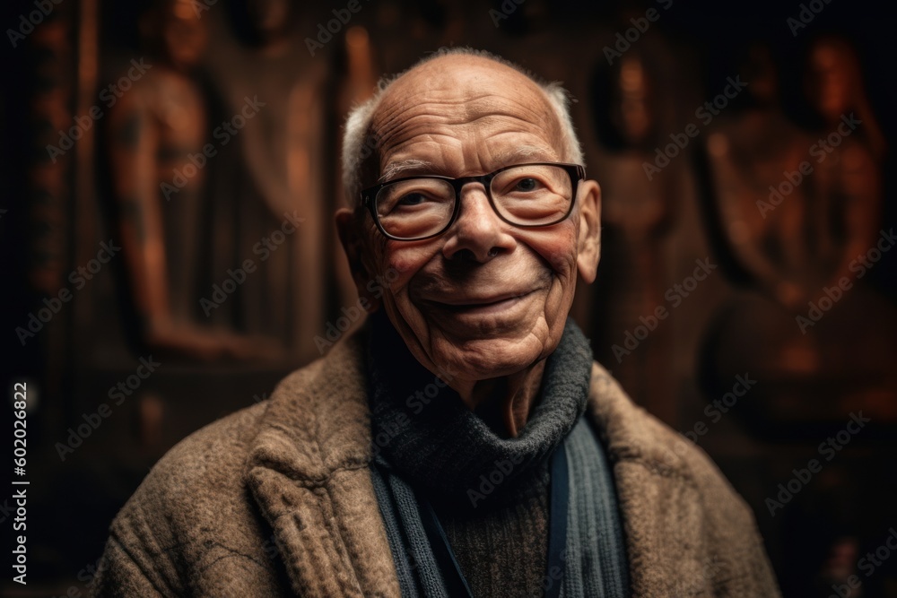 Portrait of an elderly man with glasses in the ancient temple. Portrait of an elderly man with glasses in the ancient temple.