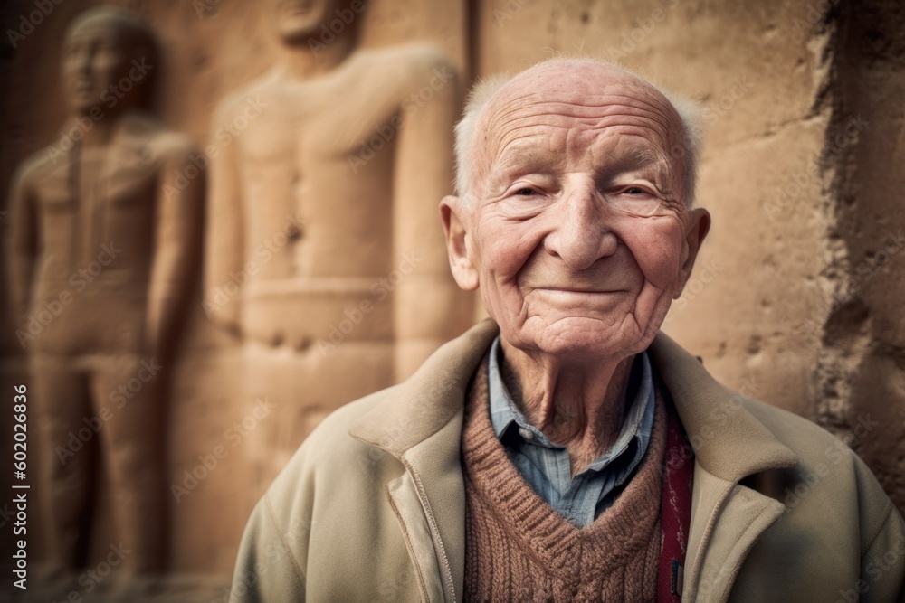Naklejka premium Environmental portrait photography of a pleased elderly 100 years old man wearing a cozy sweater against an ancient egyptian or hieroglyphics background. Generative AI