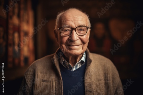 Portrait of a smiling senior man with glasses in the museum.