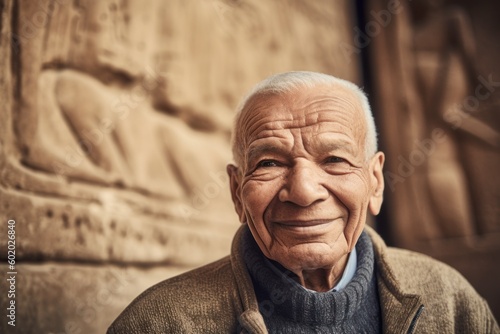 Portrait of an old man in front of a temple in Egypt