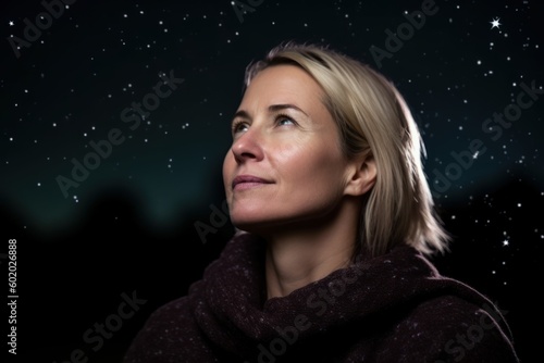 Portrait of a beautiful woman looking up at night starry sky