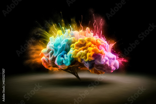 The shape of a brain in 3D is made out of rainbow-colored liquid and dust particles that are exploding on a black backdrop. generative AI.