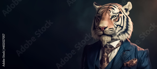 A male tiger in a business suit represents power and strength, showcasing your brand as a force to be reckoned with in the market. generative AI.