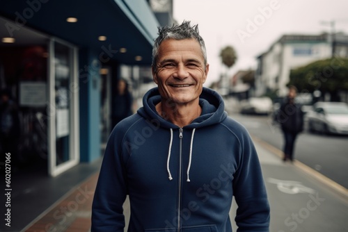 Handsome middle-aged man in sportswear smiling at the camera while standing on the street.