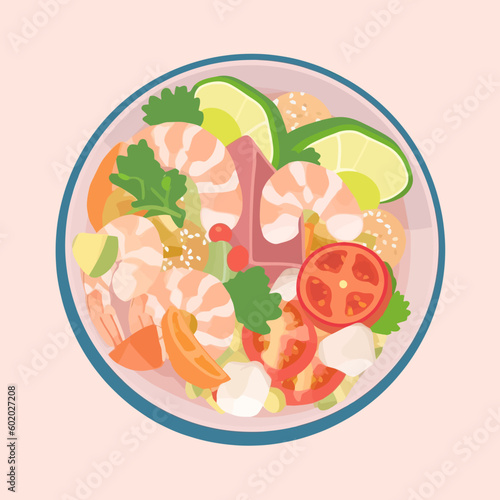 Ceviche of shrimp with vegetables, spices and lime vector illustration