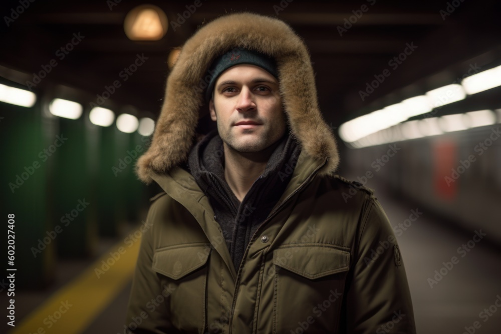 Young man in winter jacket and hat standing in underground subway tunnel.