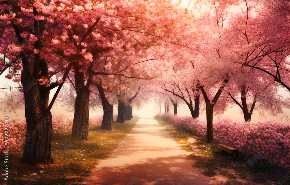 rows of pink tree are on the path by a spring blooming tree