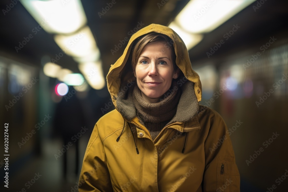 Portrait of a middle-aged woman in a raincoat and scarf in a metro station Portrait of a middle-aged woman in a raincoat and scarf in a metro station