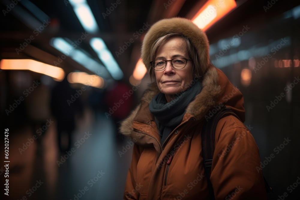 Portrait of a middle-aged woman in a winter jacket with a hood
