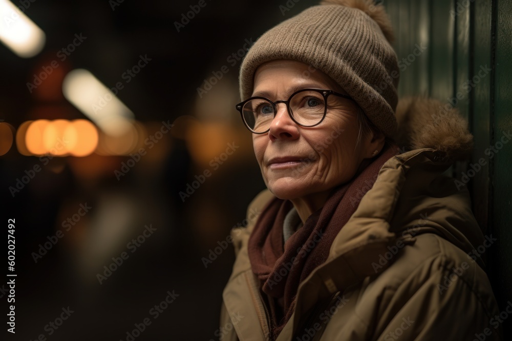 Portrait of a senior woman in the city at night. Looking at camera. Portrait of a senior woman in the city at night. Looking at camera.