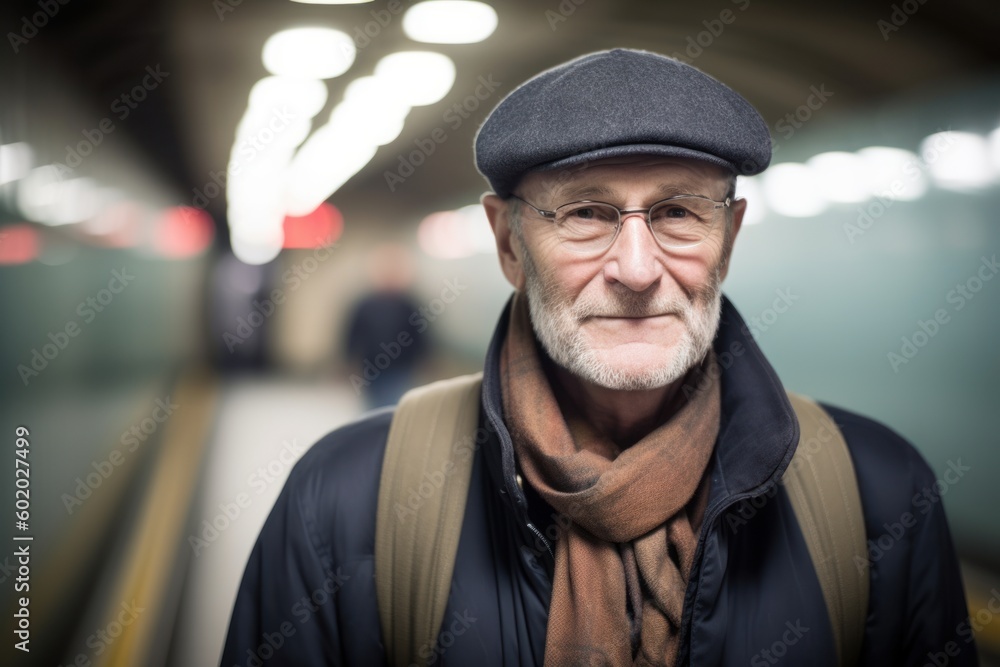 Portrait of a senior man with a cap and scarf in the subway Portrait of a senior man with a cap and scarf in the subway