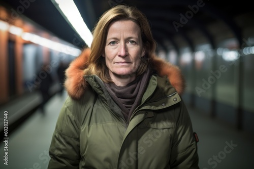 Portrait of mature woman in winter coat at the underground passage.