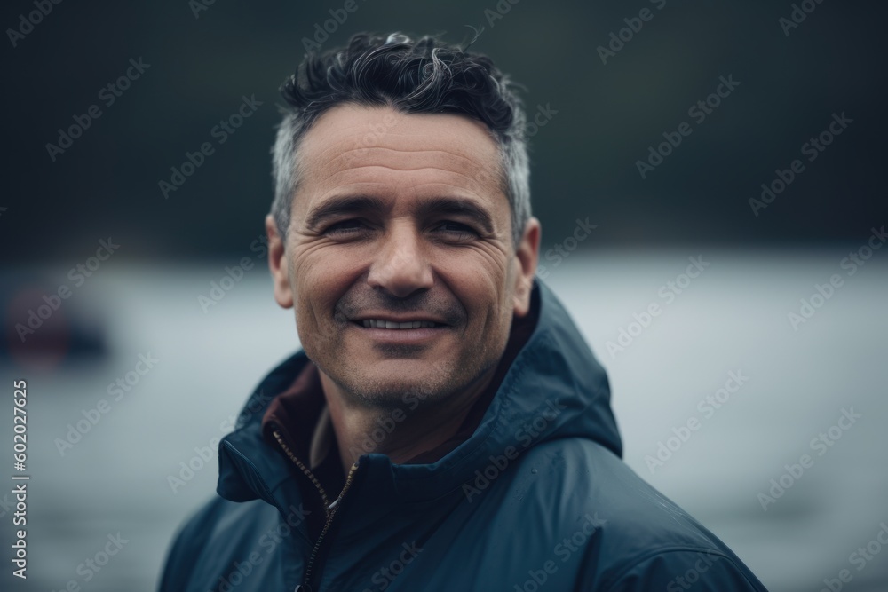 Portrait of a smiling middle-aged man standing on the bank of the river. Portrait of a smiling middle-aged man standing on the bank of the river.