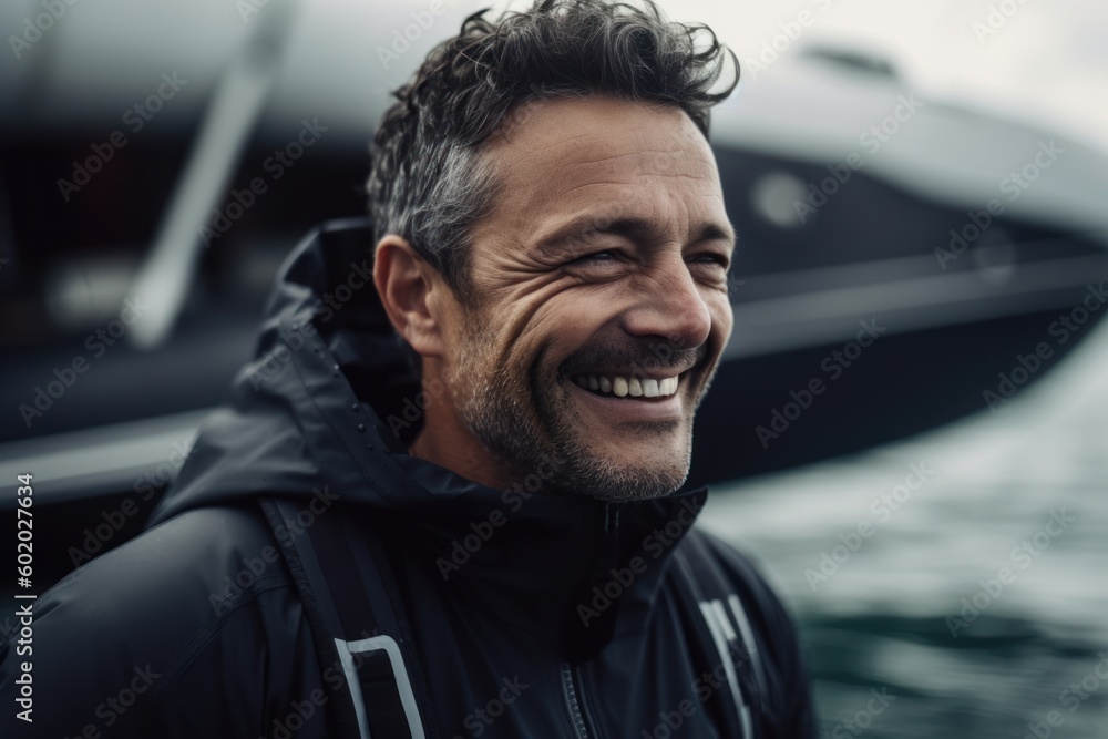 Portrait of handsome man smiling and looking at camera while standing in front of yacht Portrait of handsome man smiling and looking at camera while standing in front of yacht