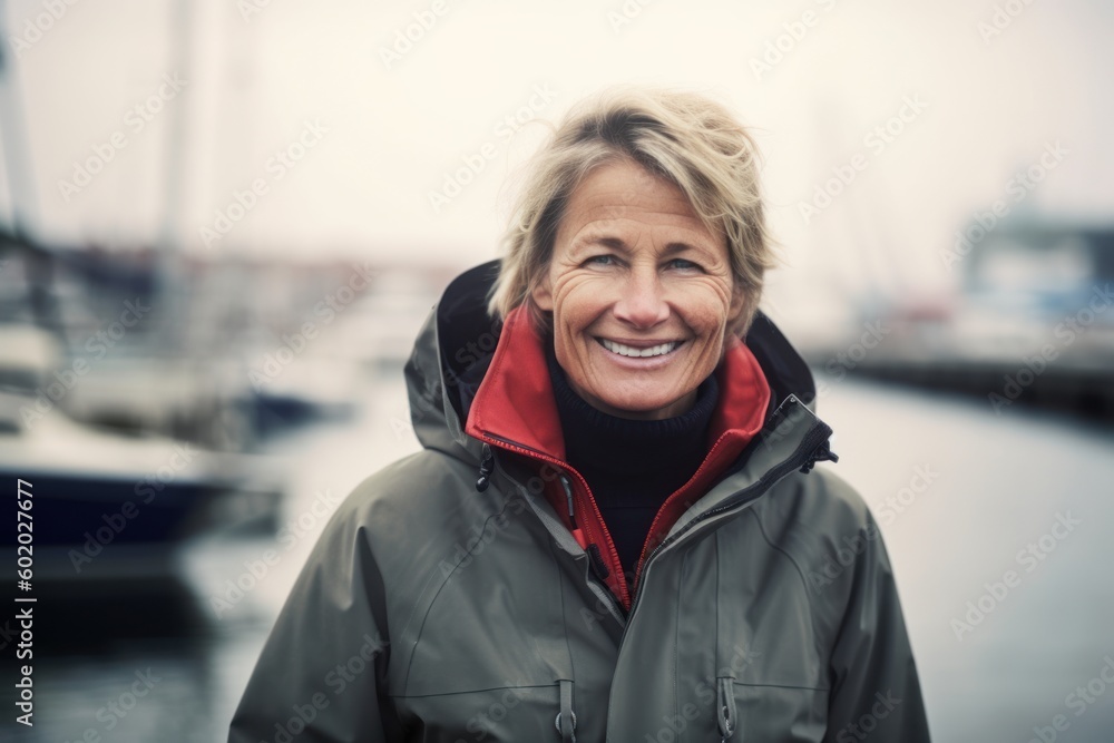 Portrait of smiling mature woman standing near yachts in harbor Portrait of smiling mature woman standing near yachts in harbor