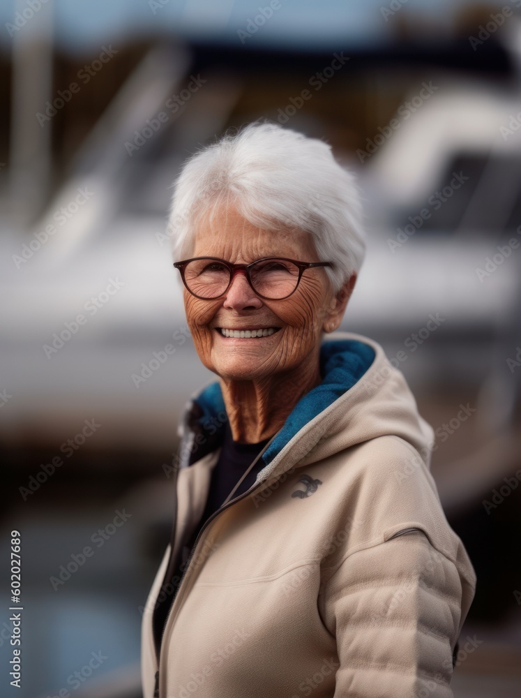 Portrait of smiling senior woman in eyeglasses standing on pier Portrait of smiling senior woman in eyeglasses standing on pier