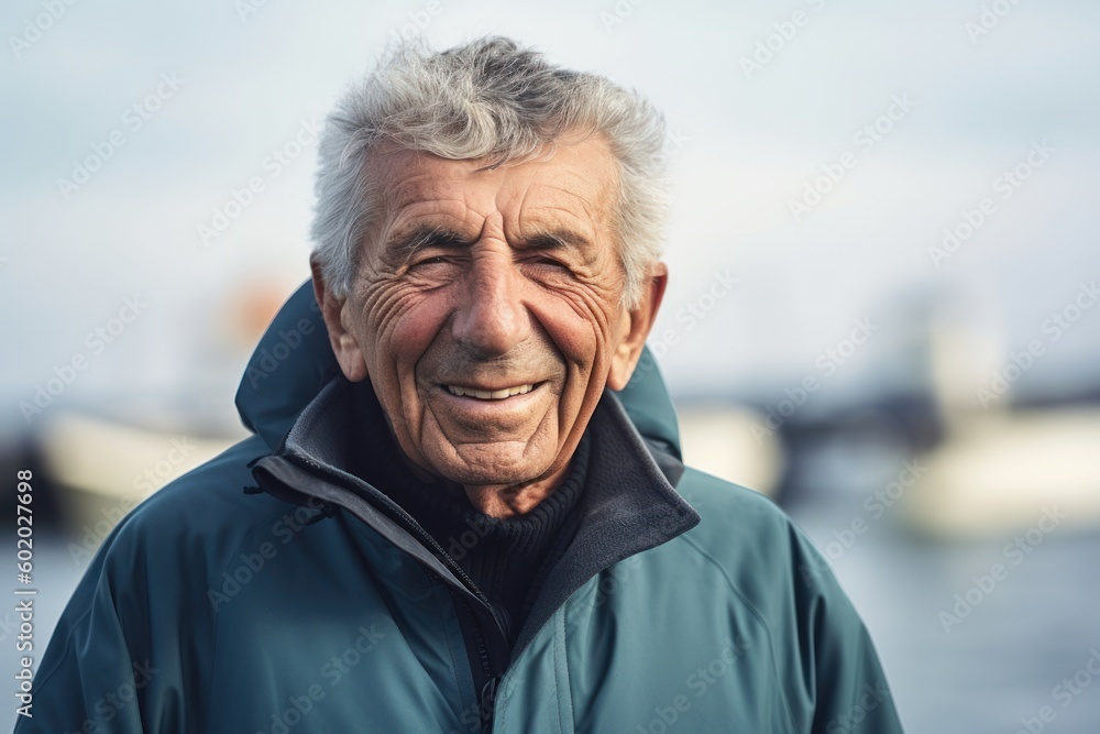 Portrait of a senior man smiling at the camera while standing by the sea