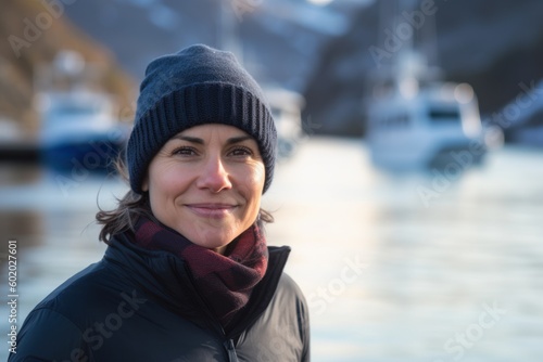 Portrait of a smiling middle-aged woman on a background of yachts in the bay