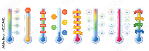 Thermometer temperature infographic templates. Hot and cold sales, fundraising tiers meter and goal tracking success scale vector illustration set