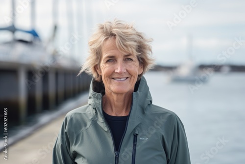 Portrait of a smiling senior woman standing on pier with boats in background