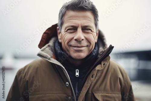 Portrait of mature man in winter jacket looking at camera and smiling