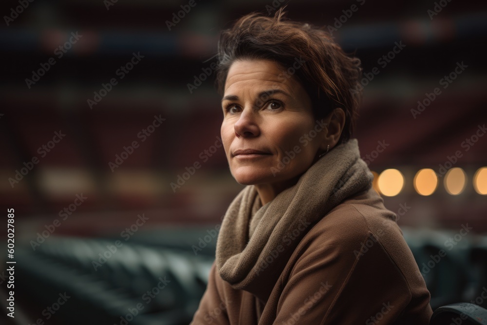 Portrait of mature woman sitting on tribune and looking away at stadium