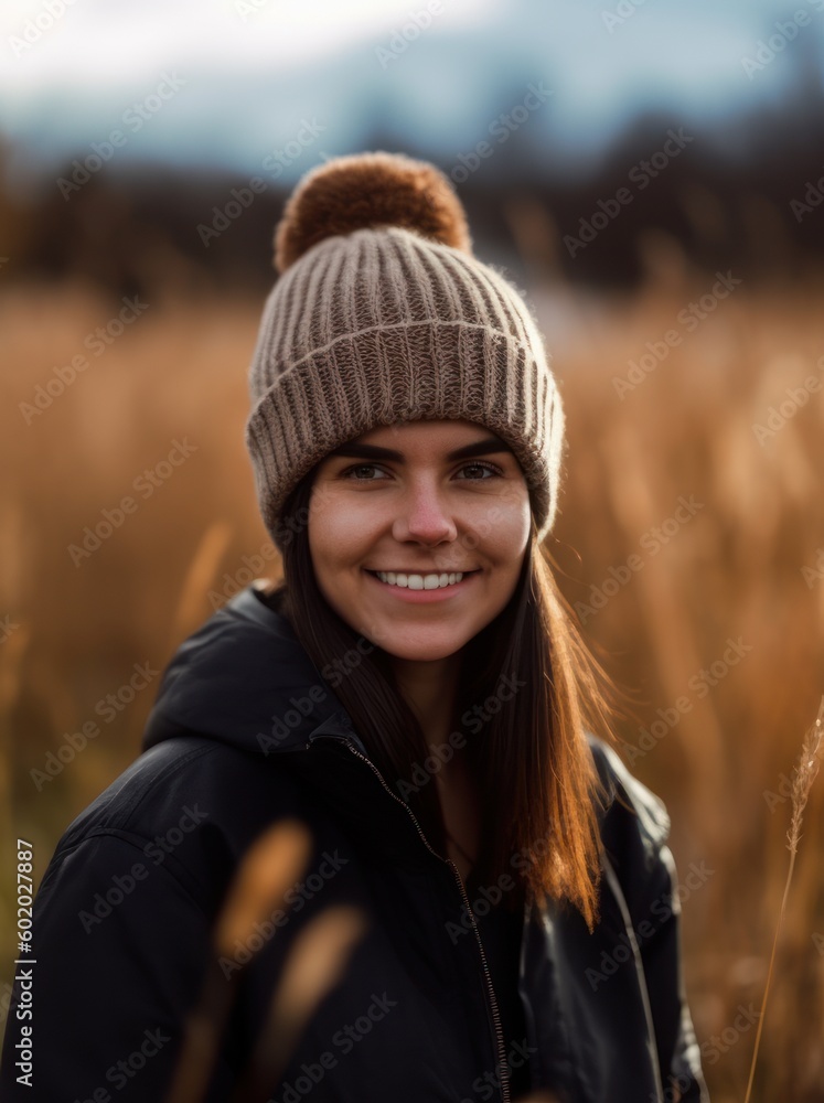 Portrait of a young woman in a knitted hat and jacket standing in the field.