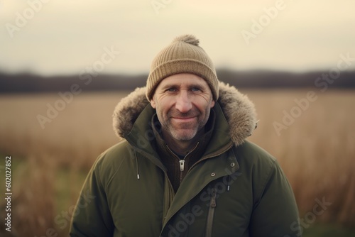 Portrait of a handsome man in a warm jacket and hat standing in a field.