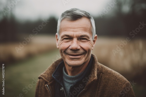 Portrait of a smiling senior man standing in a field in autumn