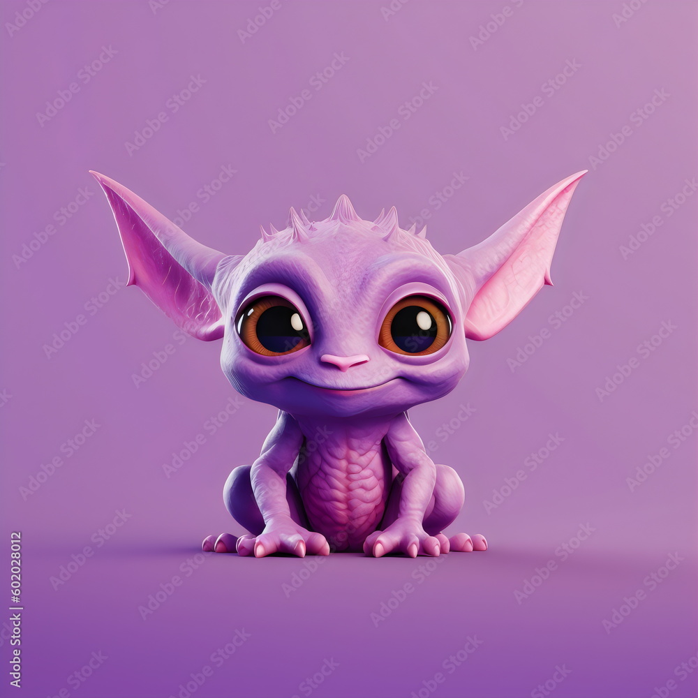 cute baby imp character isolated on purple background, illustration made with generative ai