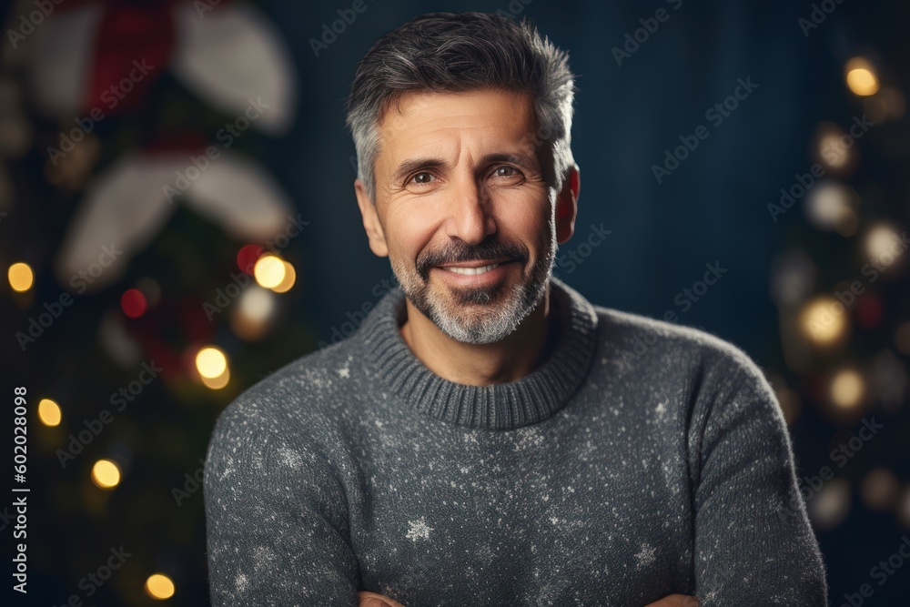 Portrait of handsome mature man in sweater standing against Christmas tree. Portrait of handsome mature man in sweater standing against Christmas tree.