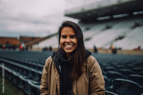 Portrait of a beautiful young latin woman in trench coat smiling and looking at the camera while standing at the stadium © Robert MEYNER