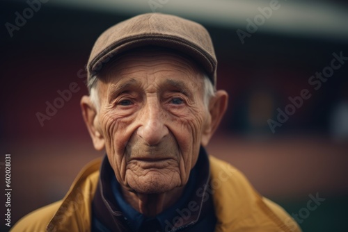 Headshot portrait photography of a tender elderly 100 years old man wearing a comfortable tracksuit against a sports stadium or arena background. Generative AI