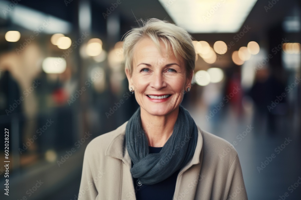 Portrait of a smiling senior woman in the corridor of a shopping center Portrait of a smiling senior woman in the corridor of a shopping center