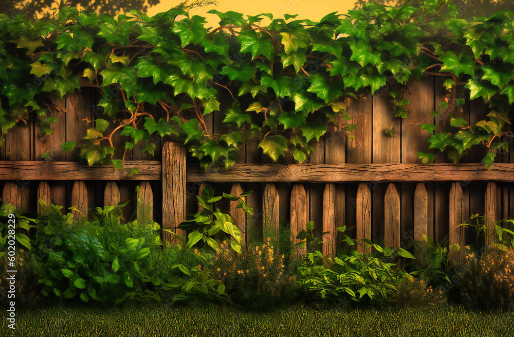 Naklejka premium wooden fence with ivy border,