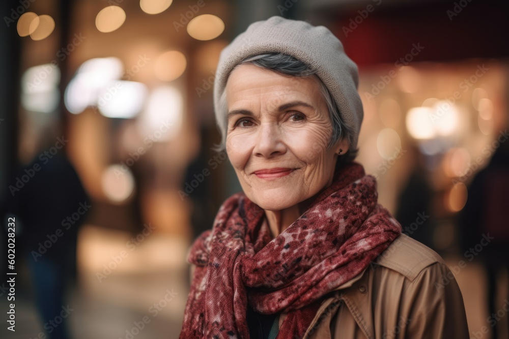 Portrait of smiling senior woman in hat and scarf in shopping mall Portrait of smiling senior woman in hat and scarf in shopping mall